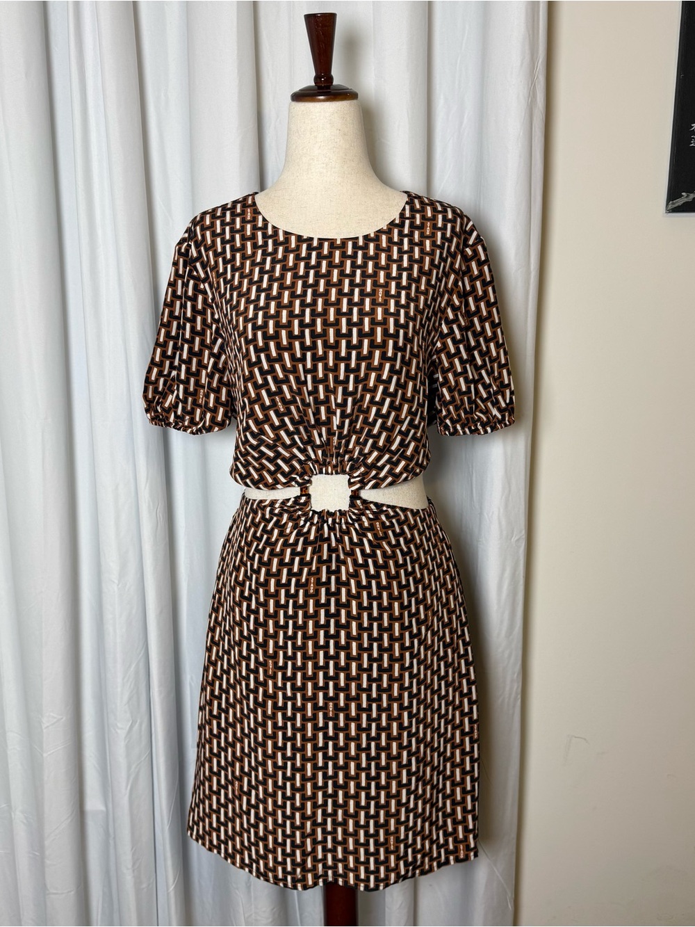 Staud Epona Mini Dress Medium NWT Basketweave Print Cutout Puff Sleeve Dress - Picture 2 of 16